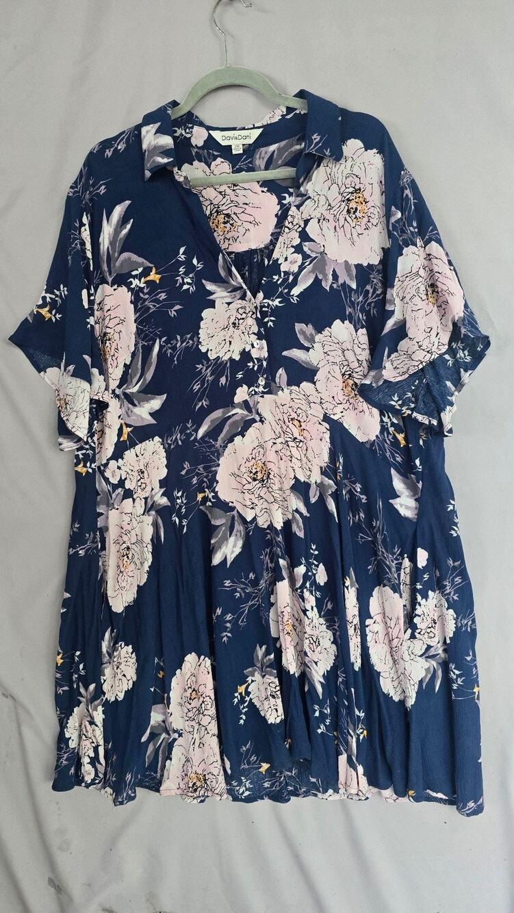 Davi&Dani Dress Womens 2XL Blue Floral Button Flutter Sl Collared Boho Sundress